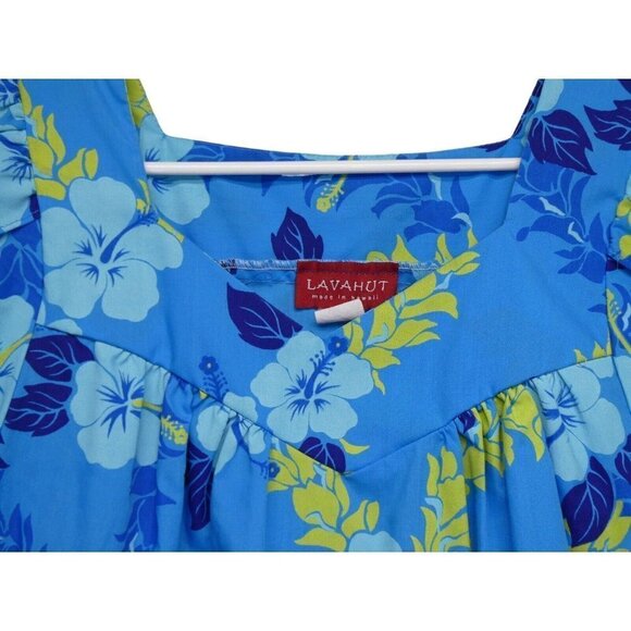 VTG Lava Hut Hawaiian Dress Size Small Blue Hibiscus Ruffle MuuMuu Aloha Luau - Picture 5 of 10
